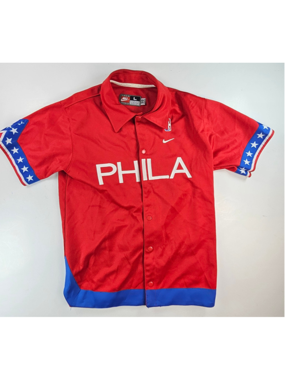 Vintage Nike Philadelphia 76ers Shooting Shirt Mens L NBA Iverson Era Snap PHILA